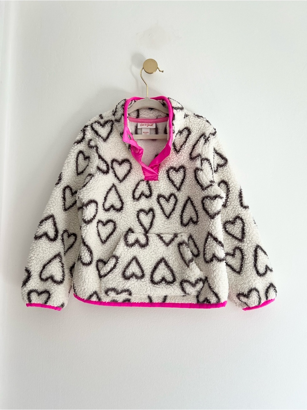 Cat & Jack Ivory Heart Print Sherpa Pullover, Hot Pink Trim, Pocket, Girl XS 4/5